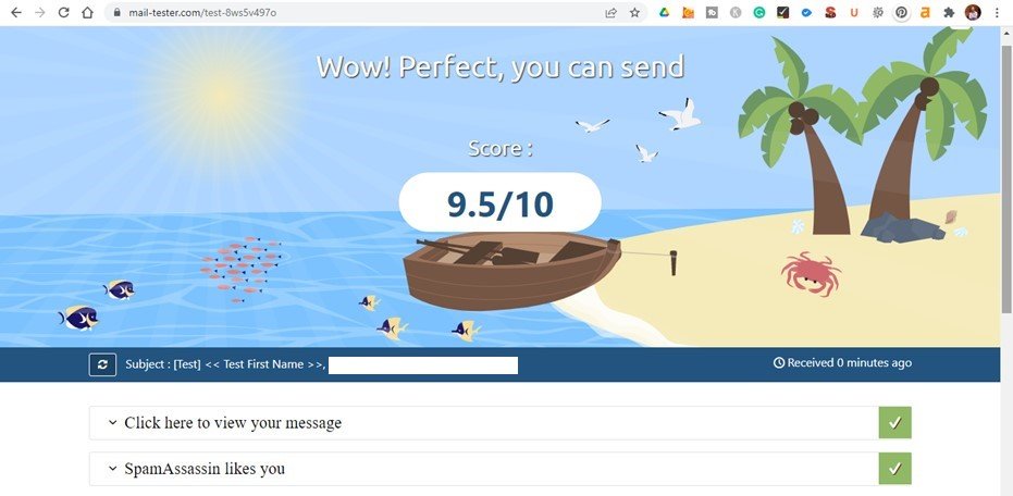 Part of the mail tester report