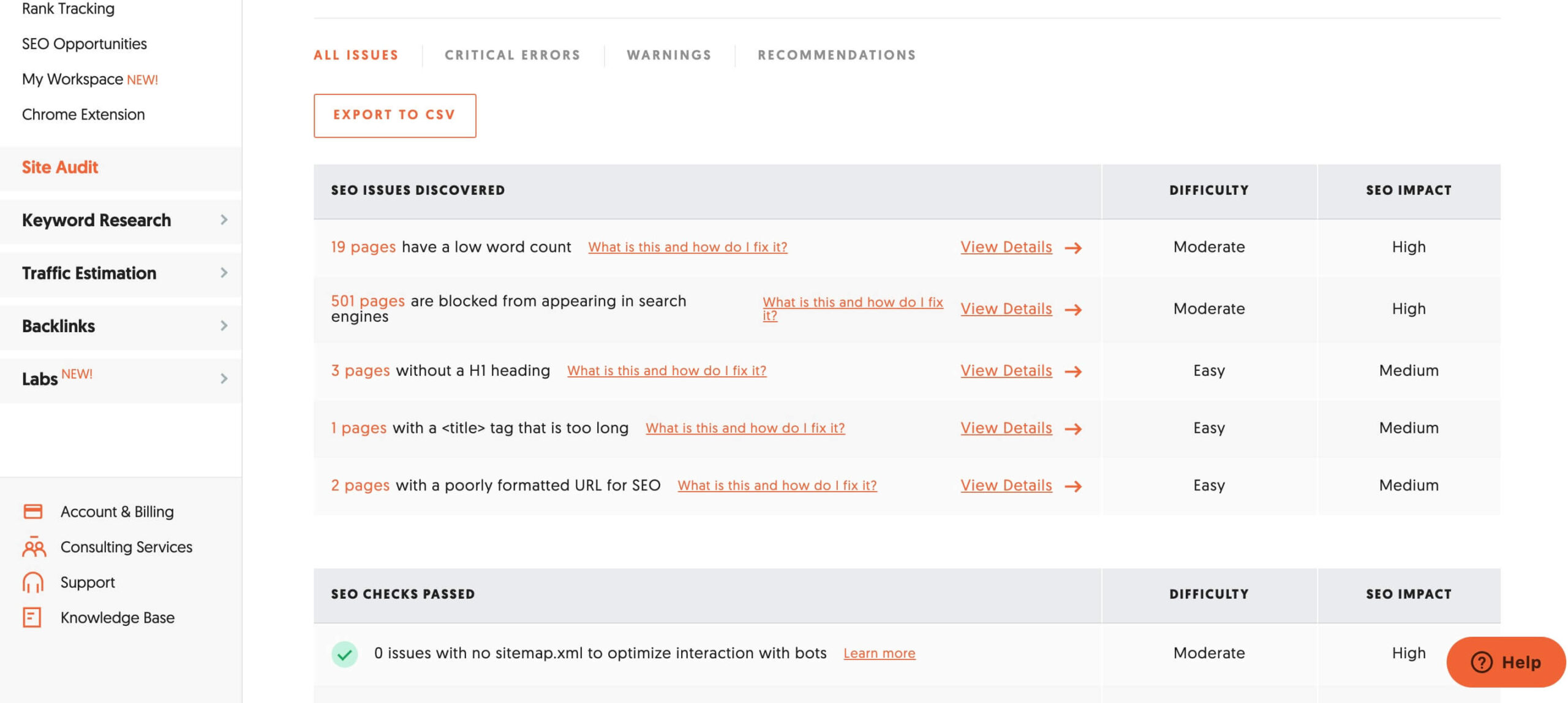 Ubersuggest doing a website audit showing the user areas of search ranking improvements that can be made