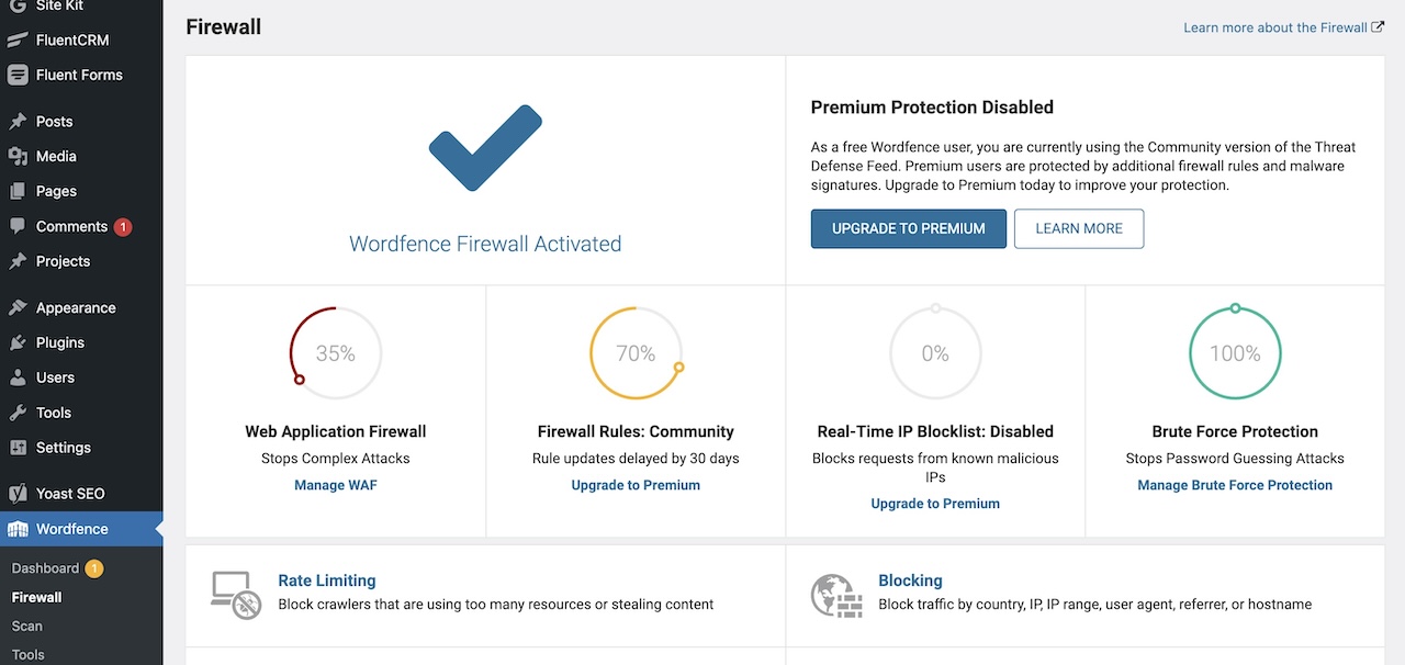 Screenshot of the various security features in Wordfence for WordPress